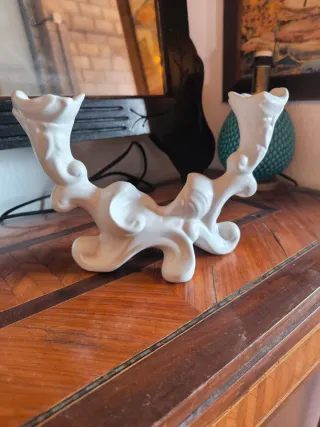 Antiguo Candelabro Cerámica Portuguesa Blanco