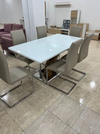 Mesa comedor extensible blanca y beige