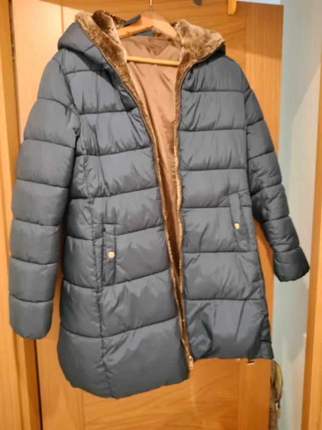 Abrigo acolchado azul forro marrón T.42