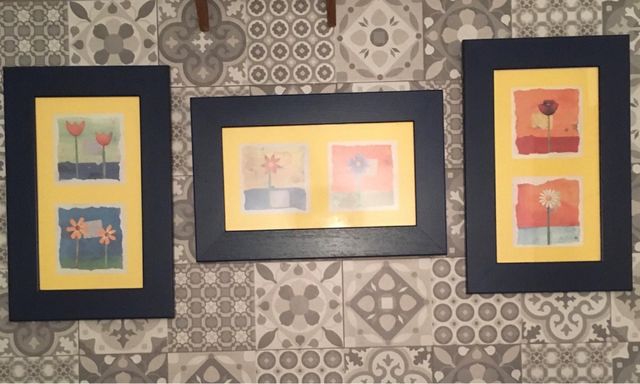 Set 3 Cuadros Flores Azul Madera