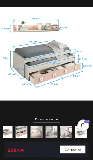 Cama nido con cajones. estantería y somieres
