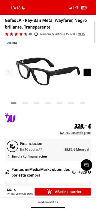 Gafas Ray-Ban Meta Wayfarer Negro talle S