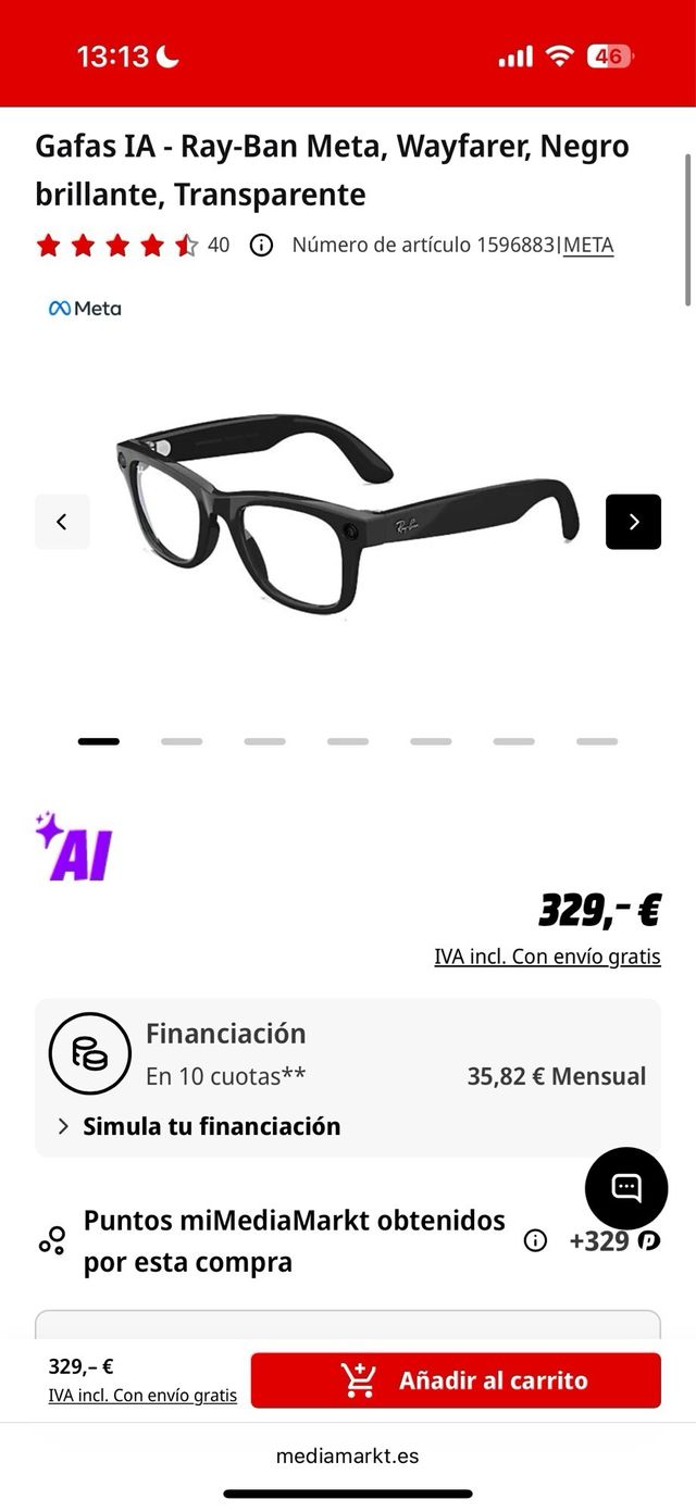 Gafas Ray-Ban Meta Wayfarer Negro talle S
