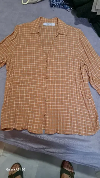 Camisa cuadros mostaza y blanco mujer