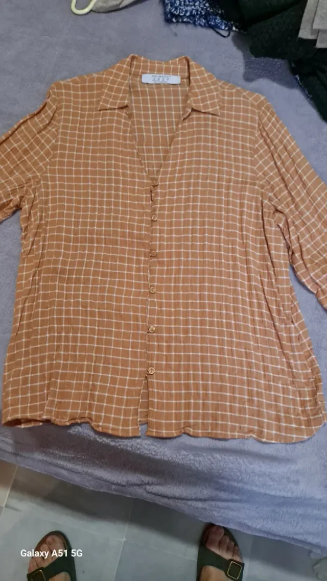 Camisa cuadros mostaza y blanco mujer