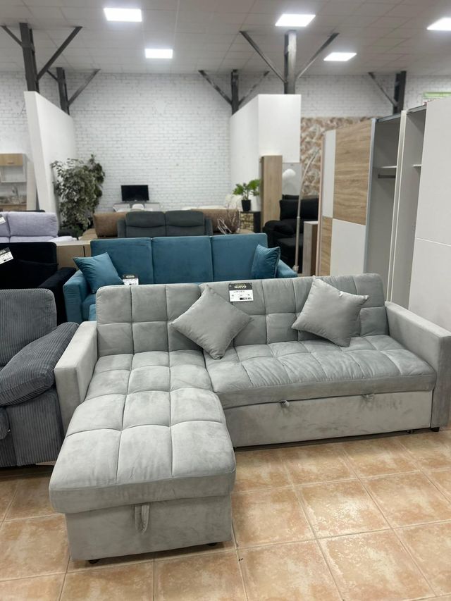 Sofá chaise longue gris 3 plazas NUEVO + arcón