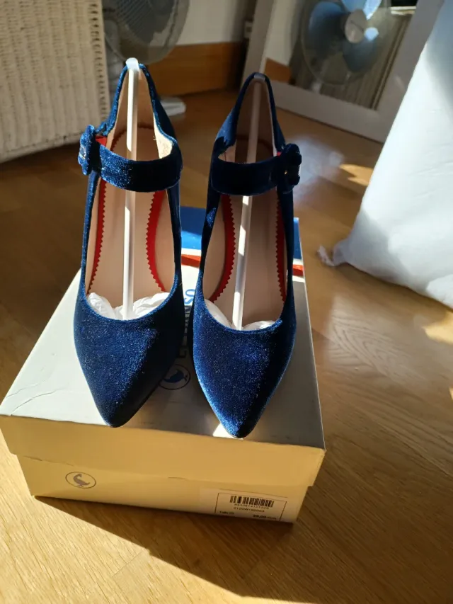 Zapatos El Ganso Terciopelo Azul Tacon Mary Jane