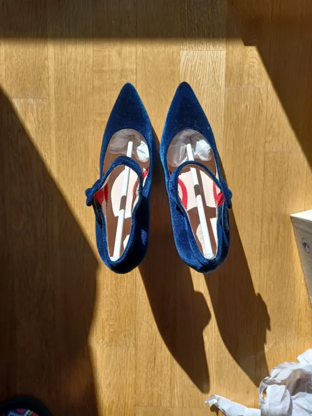 Zapatos El Ganso Terciopelo Azul Tacon Mary Jane