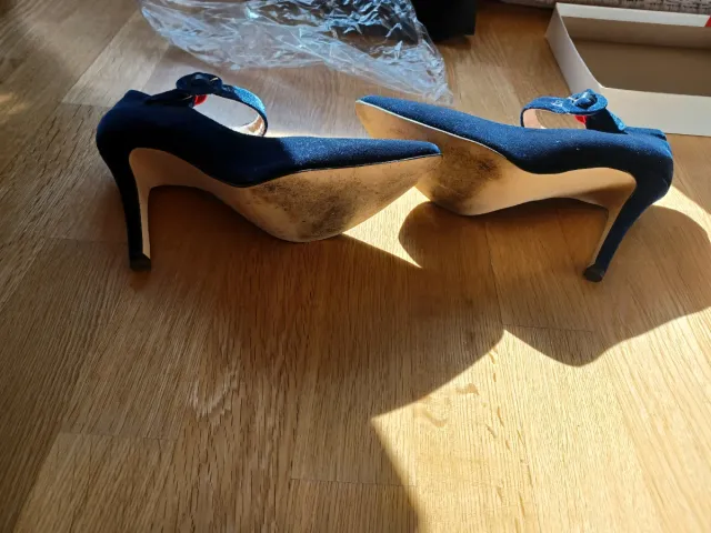 Zapatos El Ganso Terciopelo Azul Tacon Mary Jane