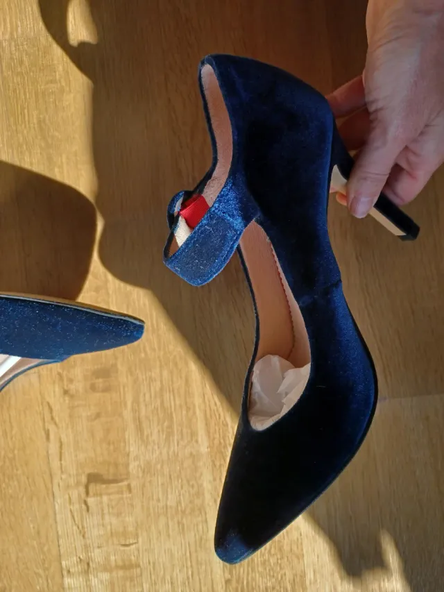 Zapatos El Ganso Terciopelo Azul Tacon Mary Jane