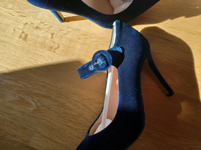 Zapatos El Ganso Terciopelo Azul Tacon Mary Jane