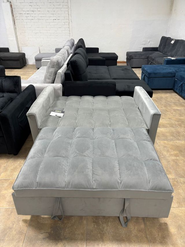 Sofá Cama Desplegable Gris Terciopelo