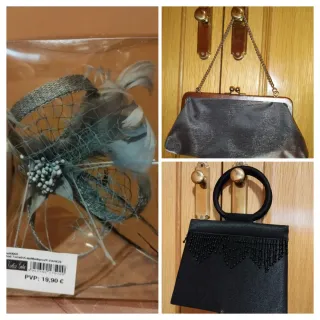 Bolso y tocado gris/verde azulado