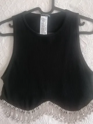 Top Zara Negro con Flecos Brillantes Talla L