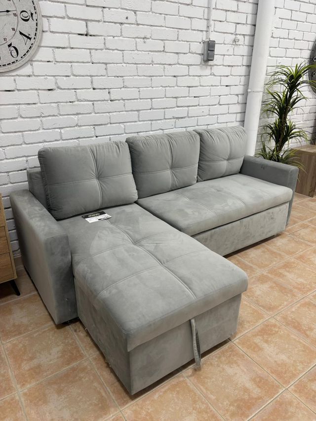 Sofá Cama Chaiselongue Terciopelo Gris