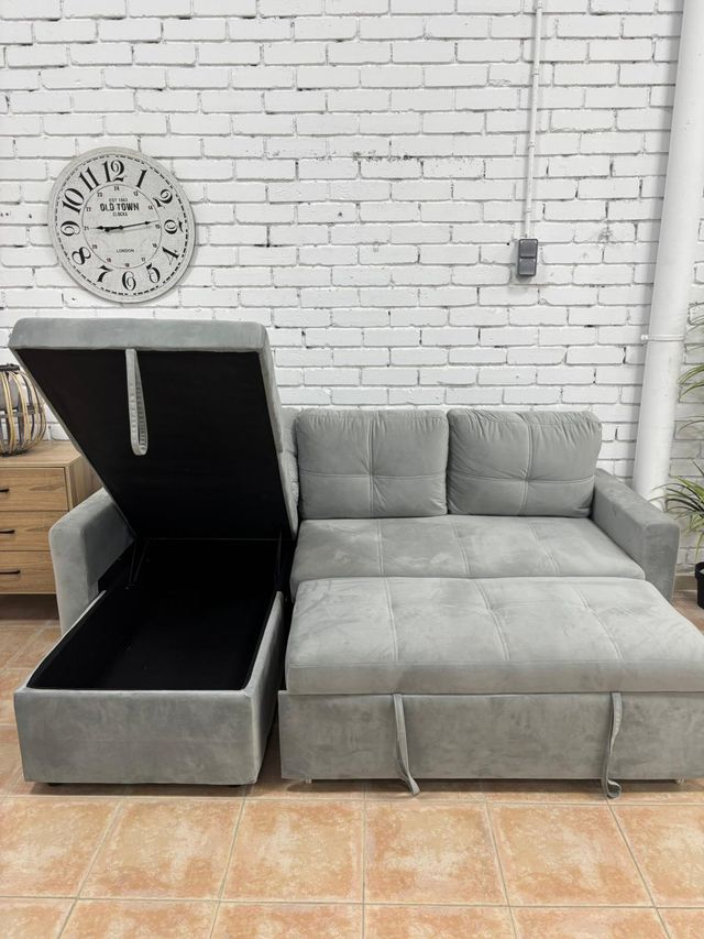 Sofá Cama Chaiselongue Terciopelo Gris