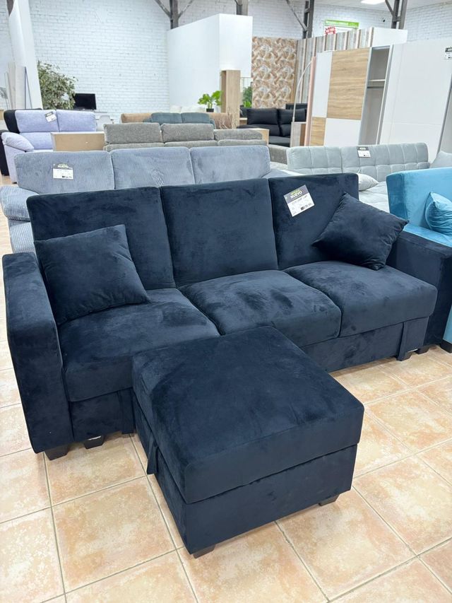 Sofá Cama Terciopelo Negro con Puff