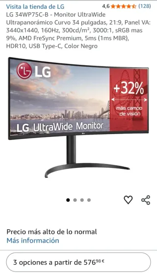 Monitor LG 34 UltraWide Curvo 3440x1440 160Hz