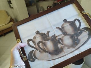 3 vassoi decorativi in legno e vetro