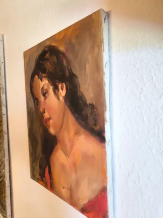 Antigua pintura al óleo sobre lienzo Mujer Gitana