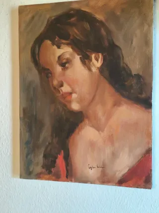 Antigua pintura al óleo sobre lienzo Mujer Gitana