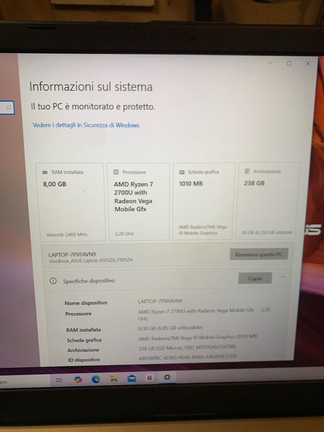 Portatile Asus AMD Ryzen 7 SSD