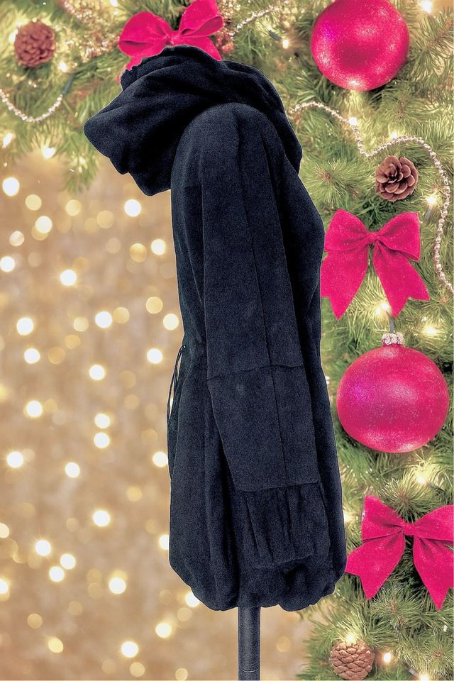 Cappotto vintage montone nero con cappuccio