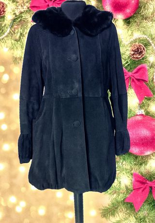 Cappotto vintage montone nero con cappuccio