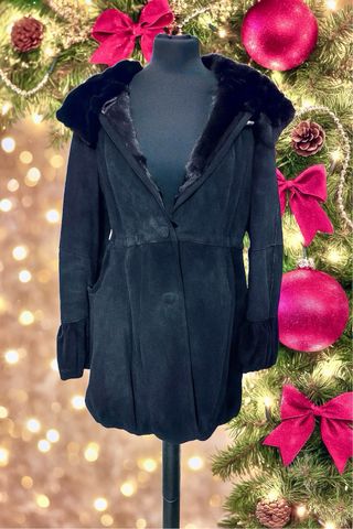 Cappotto vintage montone nero con cappuccio