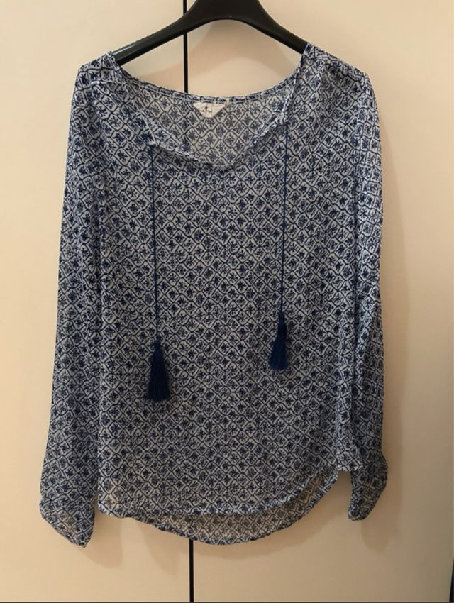 Blusa donna manica lunga fantasia blu/bianca