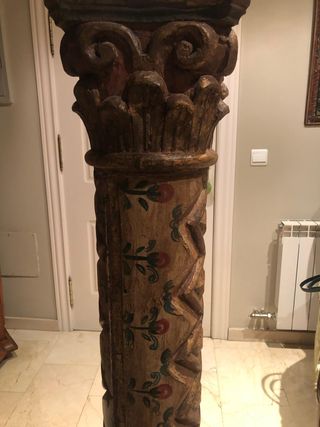 Columna Colonial Antigua Tallada Policromada