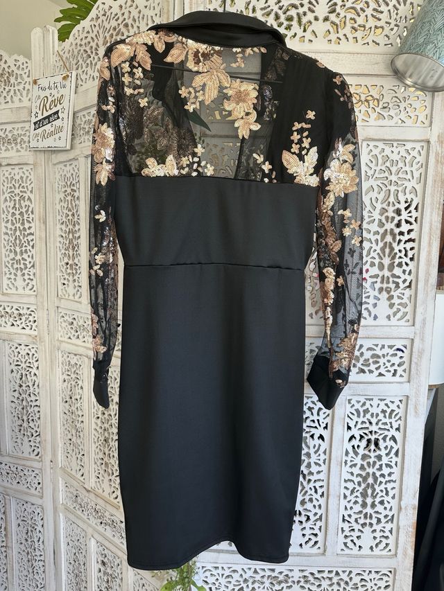 Vestido fiesta negro y dorado lentejuelas