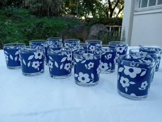 Set 15 Bicchieri Vetro Blu Fiori Bianchi