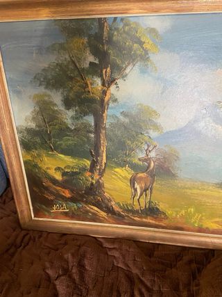 Cuadro antiguo paisaje caza con ciervo