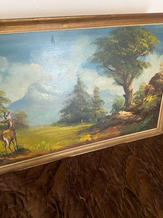 Cuadro antiguo paisaje caza con ciervo