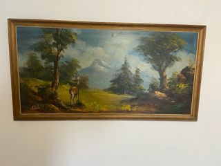 Cuadro antiguo paisaje caza con ciervo