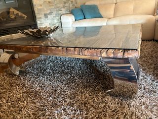 Mesa Centro Madera y Cristal 120x120 patas acero i