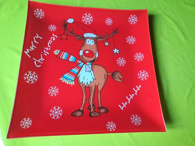 Piatto Natale Renna Vetro Rosso