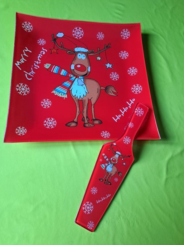Piatto Natale Renna Vetro Rosso