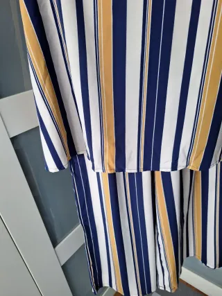 Conjunto pantalón rayas azul, hielo y mostaza.