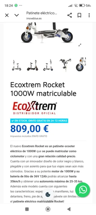 Patinete Ecoxtrem1000w en muy buenas condiciones