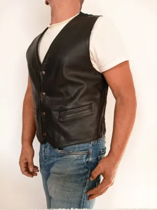 Chaleco motero vaquero cuero y raso L Medidas indi