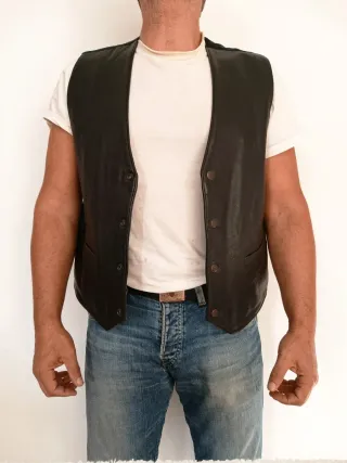 Chaleco motero vaquero cuero y raso L Medidas indi
