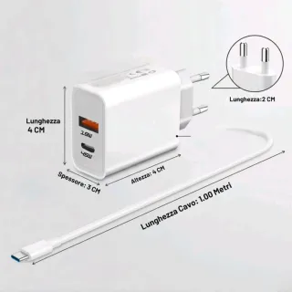 Caricatore Rapido USB-C Due Porte 45W + Cavo 1mt