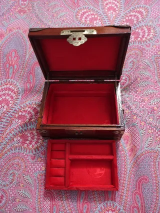 Joyero antiguo madera metal tela vintage