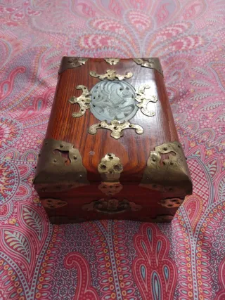 Joyero antiguo madera metal tela vintage