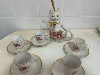Chocolatera Gato Porcelana + 5 Tazas