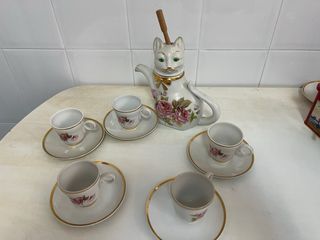 Chocolatera Gato Porcelana + 5 Tazas