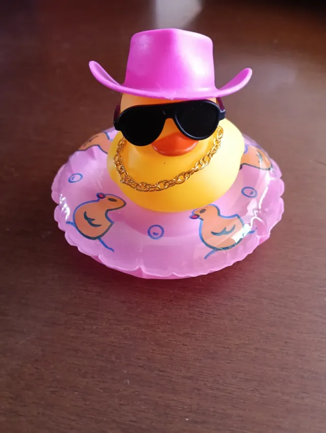 Pato de goma con sombrero rosa y gafas