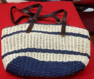 Bolso de playa a rayas beige y azul